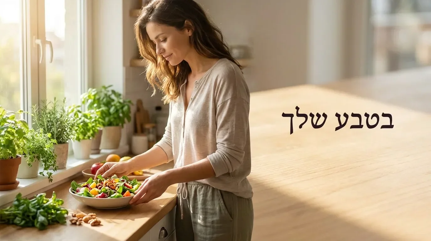 אישה מכינה ארוחה בריאה וצבעונית במטבח מואר